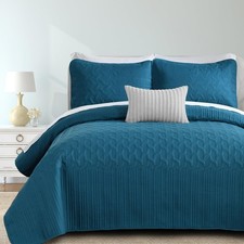 Yiran Teal Blue Quilt Set King Size Lightweight Bedspread Ultrasonic Wave Patter