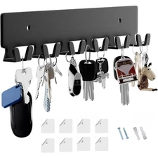 Wall Mounted Key Holder with 12 Hooks Black Key Hanger Damage-Free Entryway
