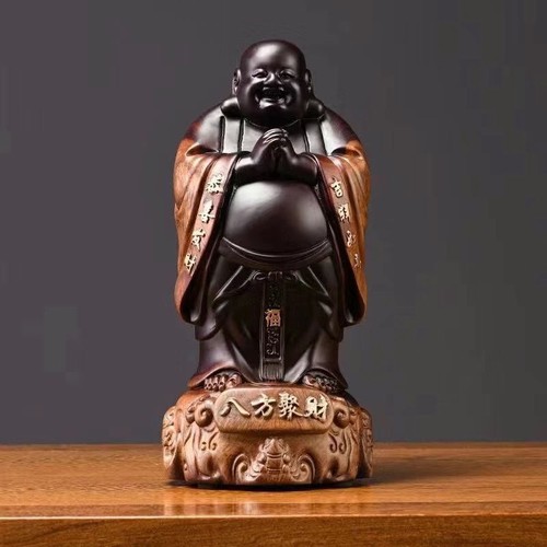 Statua Buddha Maitreya in legno di ebano 18 cm legno massello Buddha che ride decorazione casa - Foto 6 di 6