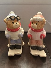 Enesco Lucy and Me Bear Figurines Set of 2 Hand Painted Ceramic Christmas 1982