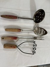 Vintage 4 Piece Wooden Red Handle Kitchen Utensil Set Farmhouse Country Cottage