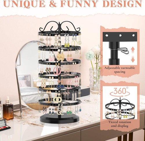 iDavosic.ly 6 Tier Metal Rotating Earring Holder Organizer, 264 6 Tier, Black - Picture 5 of 7
