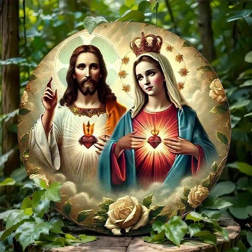 Vintage Jesus and Mary Holy Hearts Tin Metal Signs Home Décor 8x8