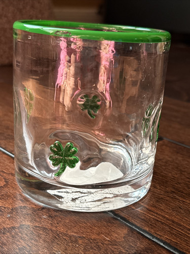 St Patrick’s 4 Leaf Clover Inlay Double Rocks Old-Fashioned Glass Juice NEW