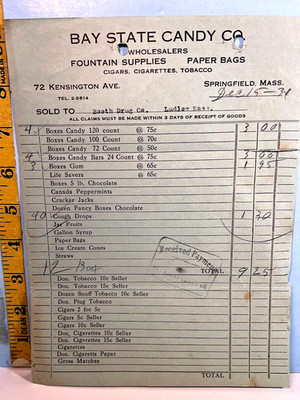 1931 Bay State Candy Co Wholesalers Fountain Supplies Boxes of Candy Invoice