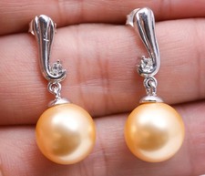 14mm Golden Color Round Sea Shell Pearl Earrings Dangle Drop White Gold Plated