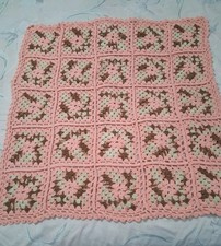 Afghan Crocheted Handmade Lap Or Baby Blanket Throw Peach Brown 34X34 Vintage
