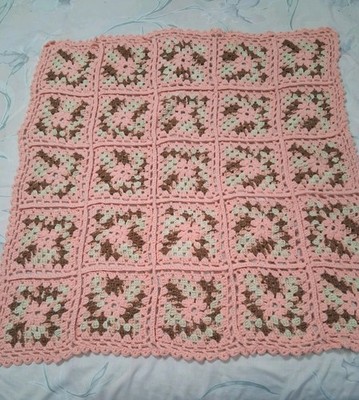  Afghan Crocheted Handmade Lap Or Baby Blanket Throw Peach Brown 34X34 Vintage 