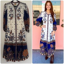 Free People Off-White Ainika Maxi Floral Long Sleeve Midi Dress