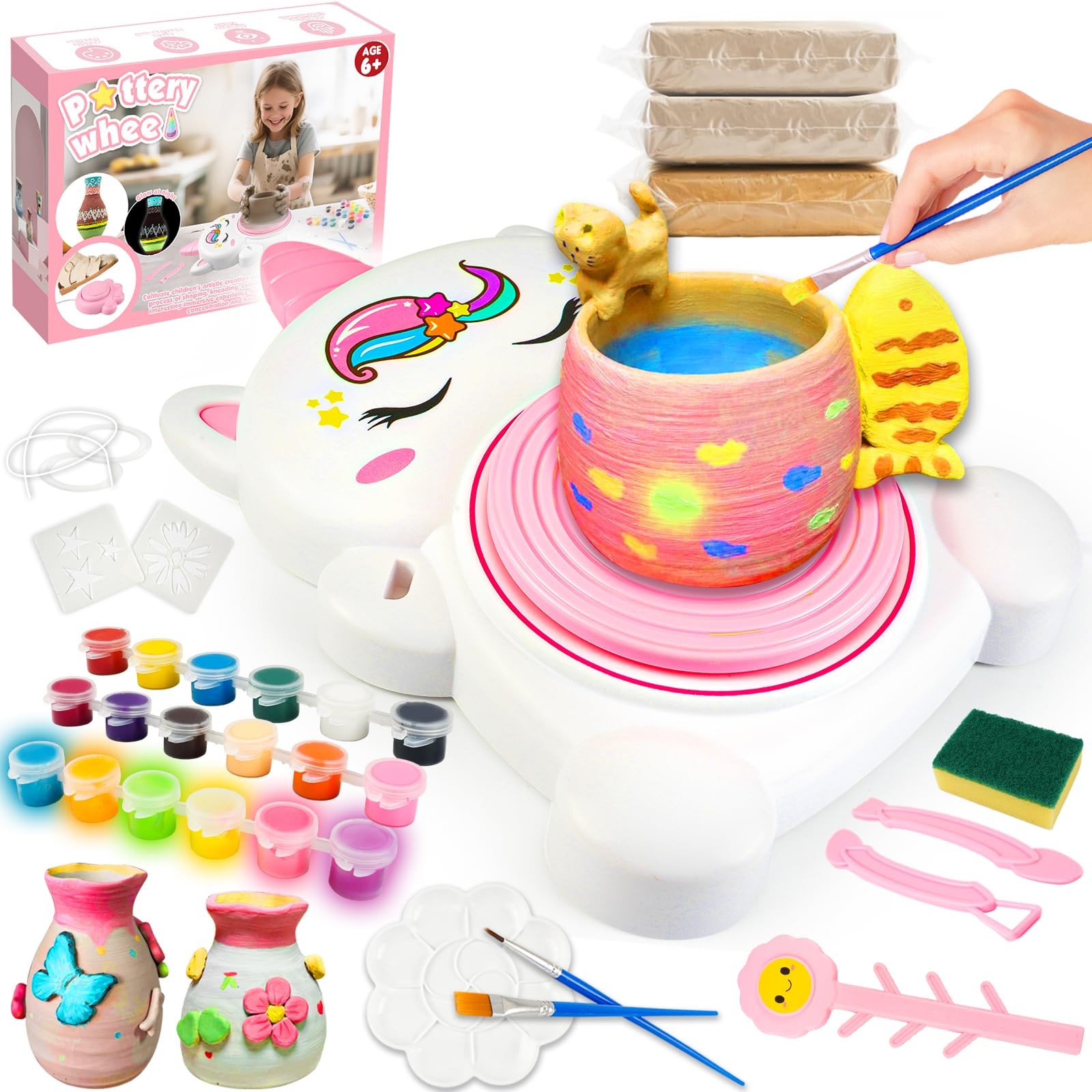 Pottery Wheel Kit for Kids with Glow Paints, Complete Pottery Arts Crafts Toy...