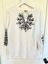 NWT Talbots Linen Cotton Embroidered Tunic Top White/Black Puff Sleeve Blouse