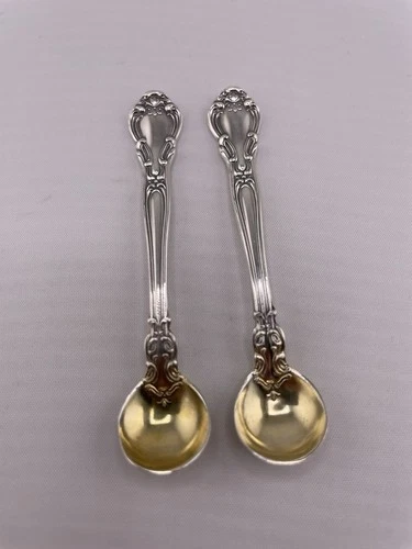 Pair Gorham Chantilly Sterling Silver Salt Spoons Gold Washed Bowls 10g