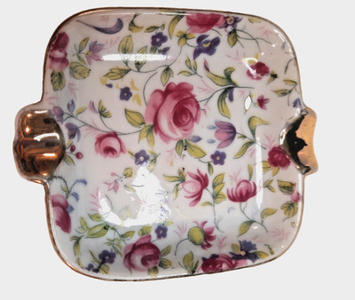 VTG-Lefton Pink China Rose Chintz Personal Ashtray-Floral w/Gold Trim-Japan