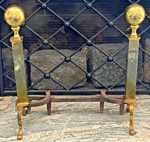 Vtg Brass Ball Design Andirons Fireplace matching Set Mid Century Style Pair