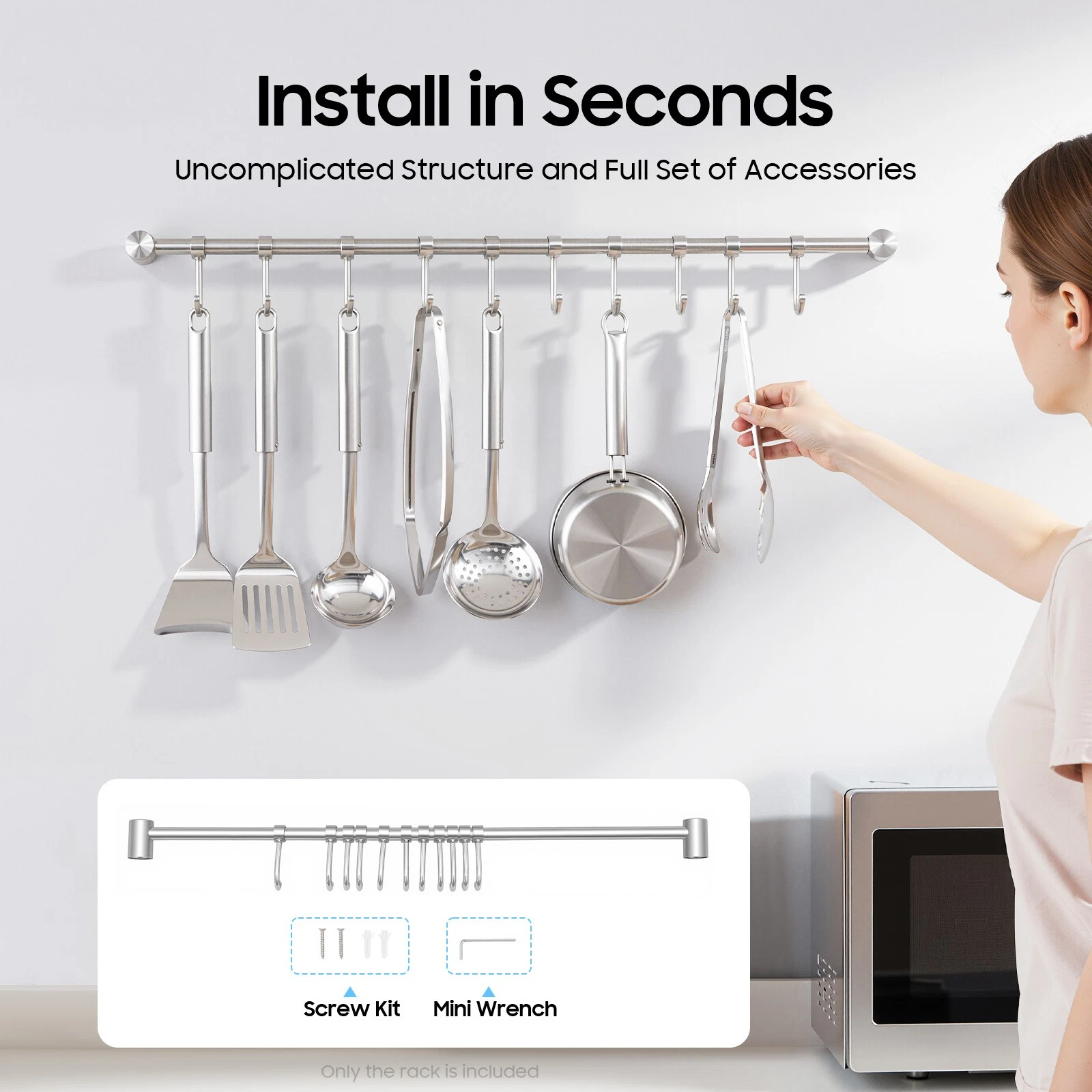 20 inch Pot Pan Rack Rail Wall Mounted Kitchen Utensil Organizer with 10 Hooks