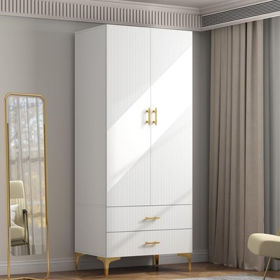 Wardrobe Armoire with 2 Doors, 2 Drawers and Hanging Rods
