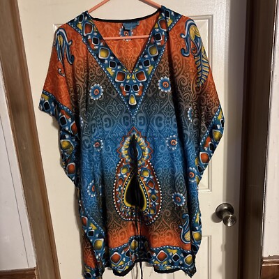 Aqua Blue Women Plus Size 1x Org/Blue Chiffon Tunic Top Bathing Suit Cover  Up