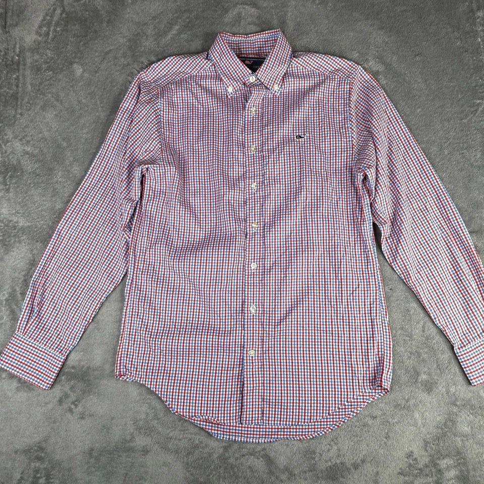 Vineyard Vines Shirt Men's Small Slim Fit Whale Red Blue Check Performance Nylon - Image 3 of 4