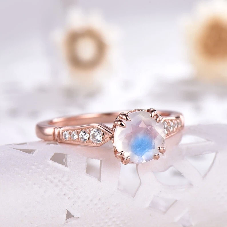 Винтажное помолвочное кольцо из серебра 925 пробы с покрытием из розового золота 14 карат с лунным камнем круглой огранки - Изображение 2 из 3