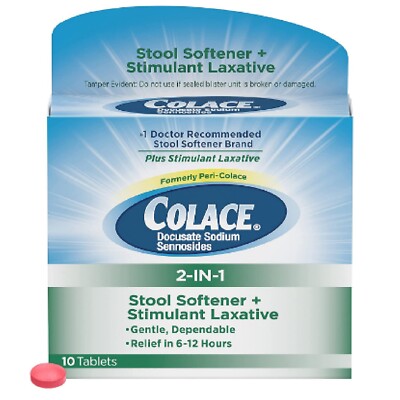 Colace Docusate Sodium 2 in 1 Stool Softener + Stimulant Laxative Tablets 10 Ct