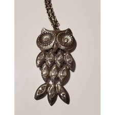 Owl rhinestone chain Silver tone necklace pendant 22"