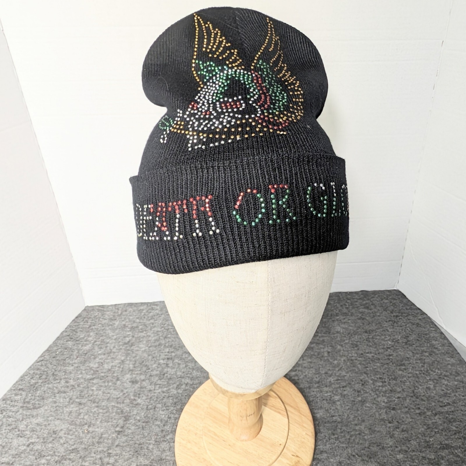 Studded Death or Glory Winter Skull Cap Cuffed Beanie Unisex Black OS