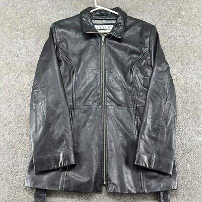 VINTAGE Pelle Studio Leather Jacket Womens L Black Genuine Belted Wilsons Y2K