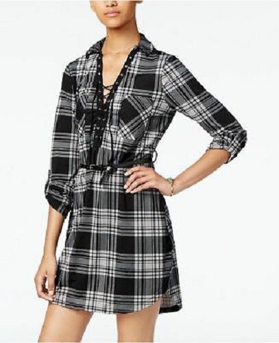 plaid lace up shirt dress Maweii Plus Size Women Plaid Long Sleeve Single-Breasted Hollow Lace-Up Sexy Shirt Dress, Autumn
