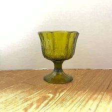 Vintage Olive Green Glass Compote Dish Grape Pattern Pedestal Bowl Home Decor