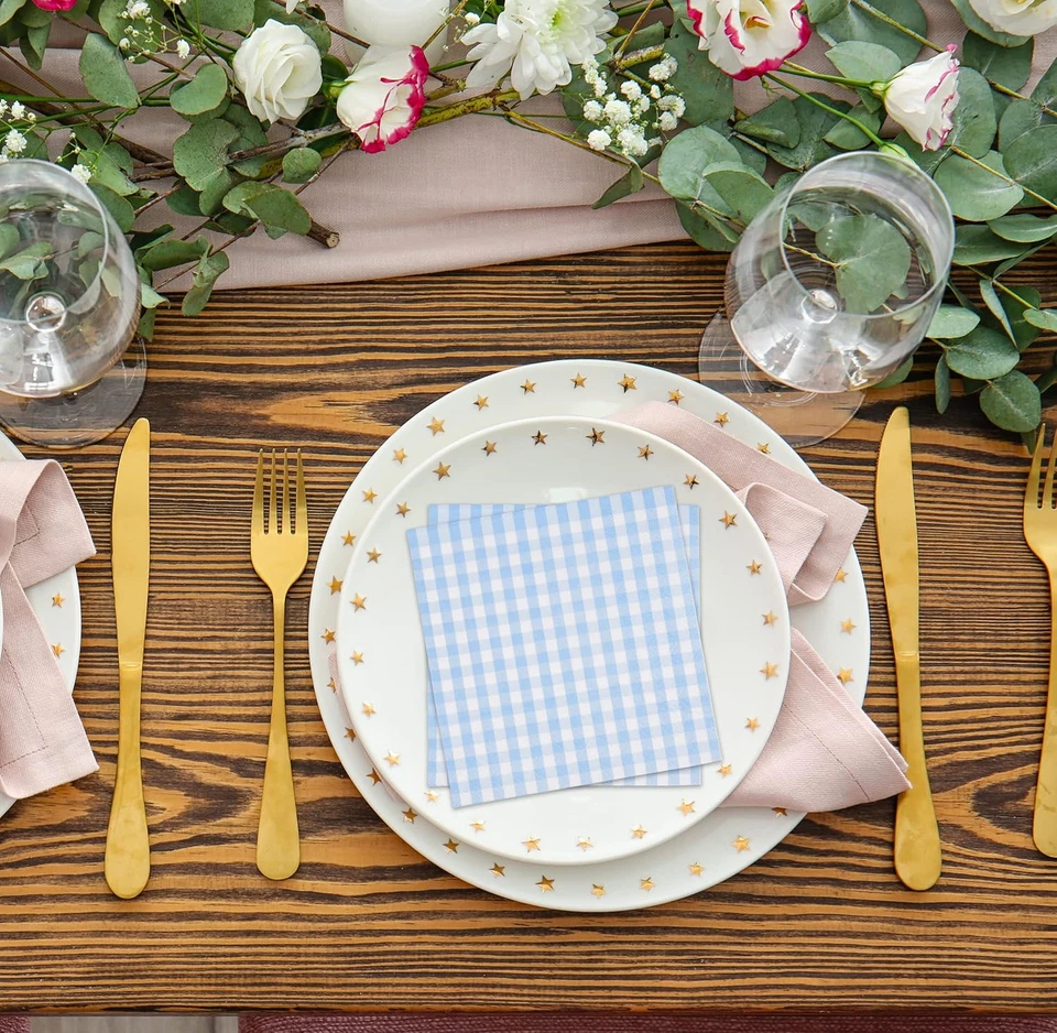 100 servilletas de cóctel de guinga azul y blanco papel desechables a cuadros Din Foto 3 de 4