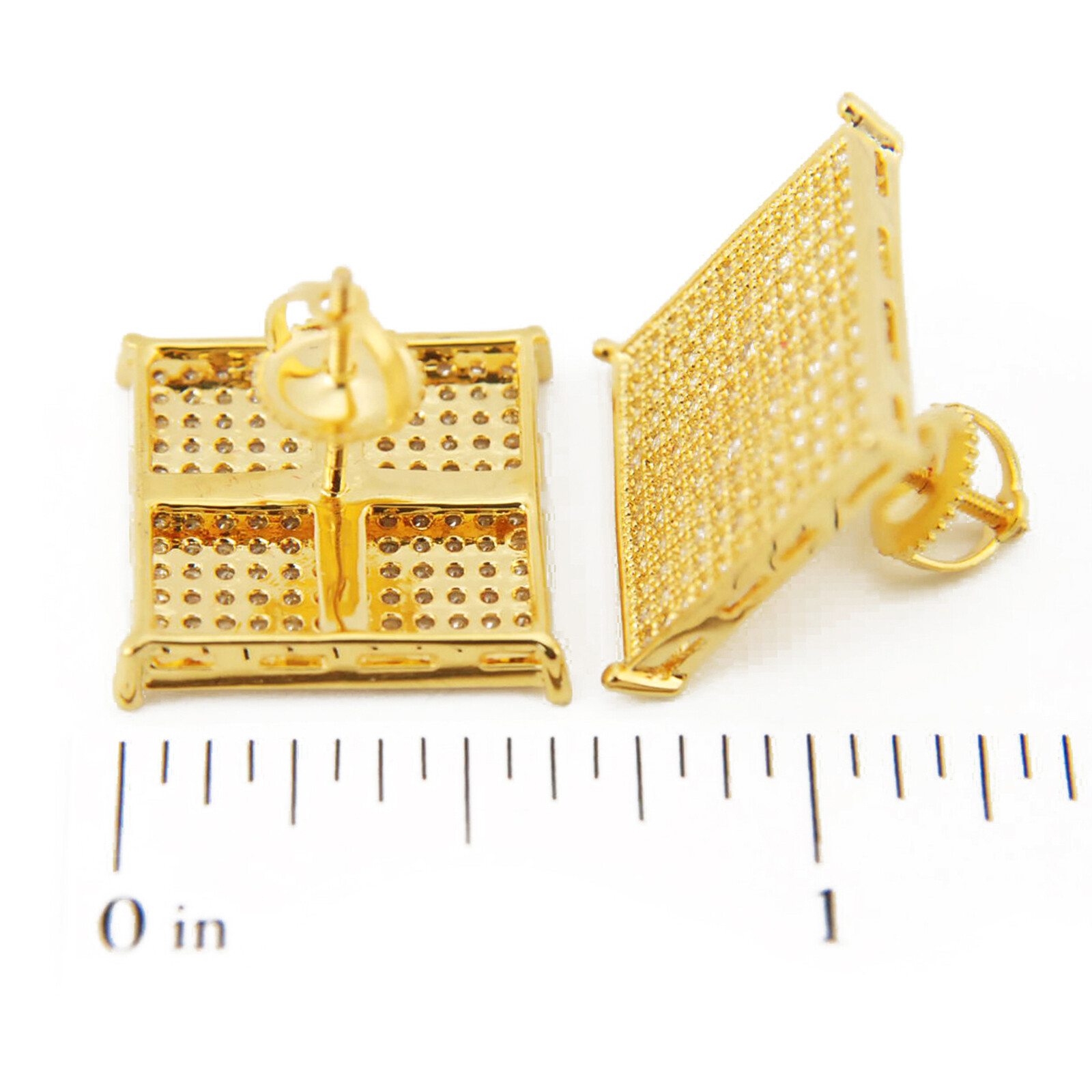 Men's Hip Hop Stud Earrings - 14k Gold Plated XL Square With CZ Stones & Screw Backs 7 thumbnail image