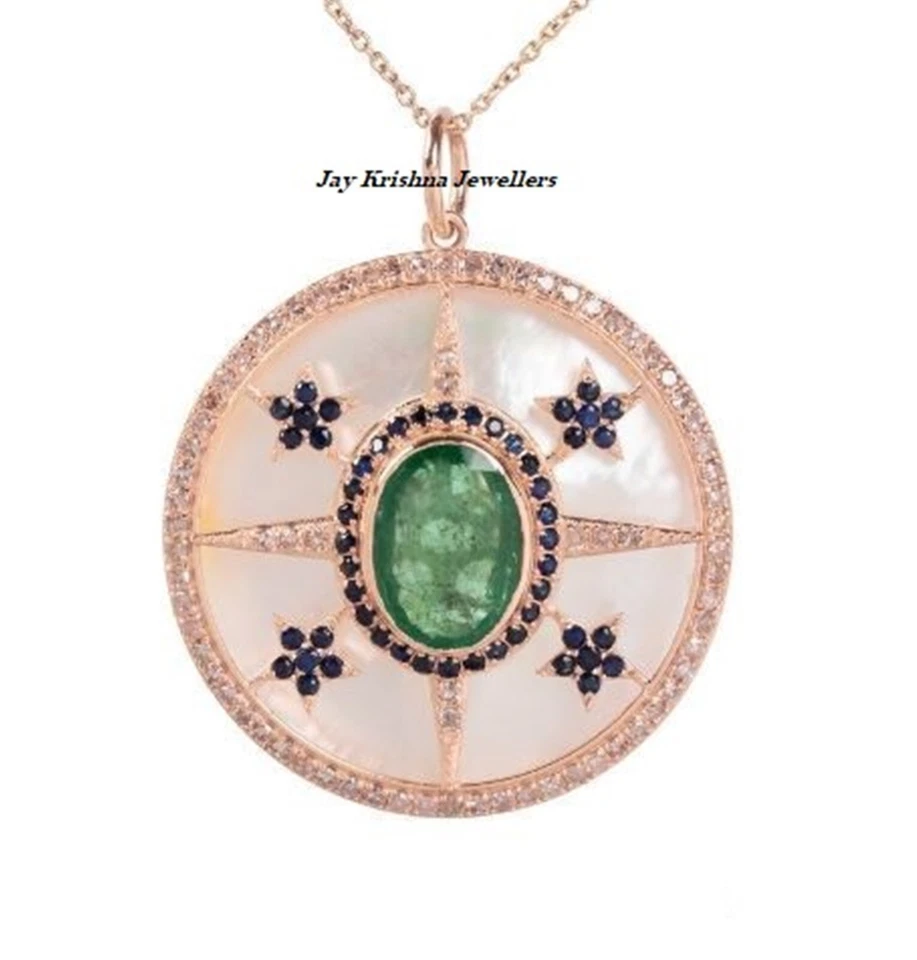 Smaragd & Saphir Runde Anhänger, 925 Silber Perlmutt & Diamant Anhänger - Bild 2 von 3