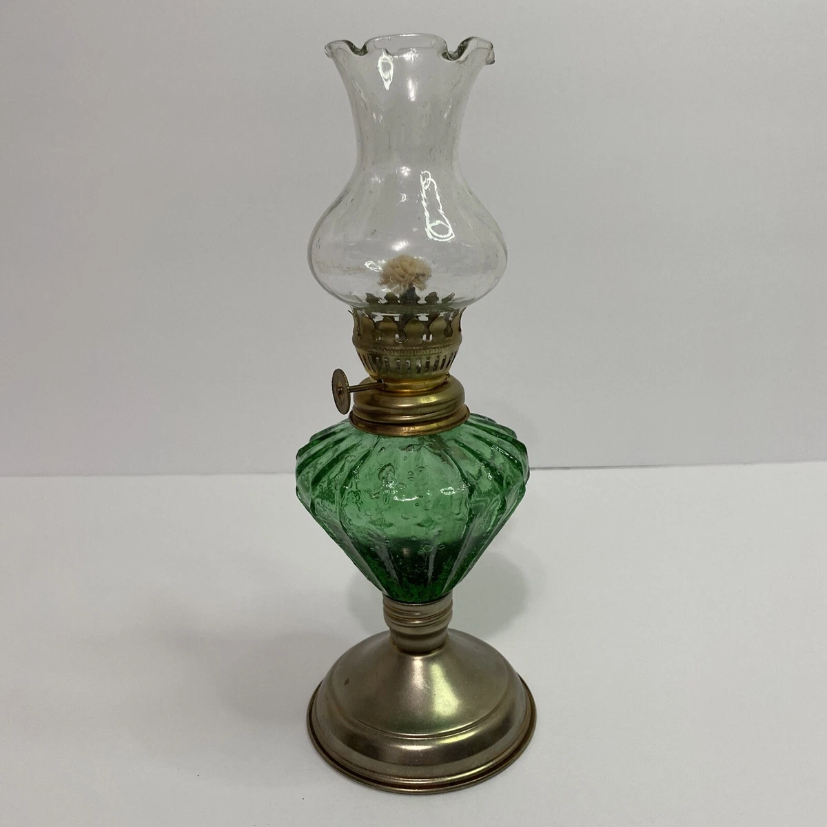 Vintage Miniature 9 Tall Oil Kerosene Green Bubble Glass Globe Hurricane Lamp