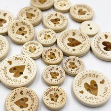Handmade With Love Natural Wooden Round Heart Buttons - 2 Holes 15mm 20mm 25mm