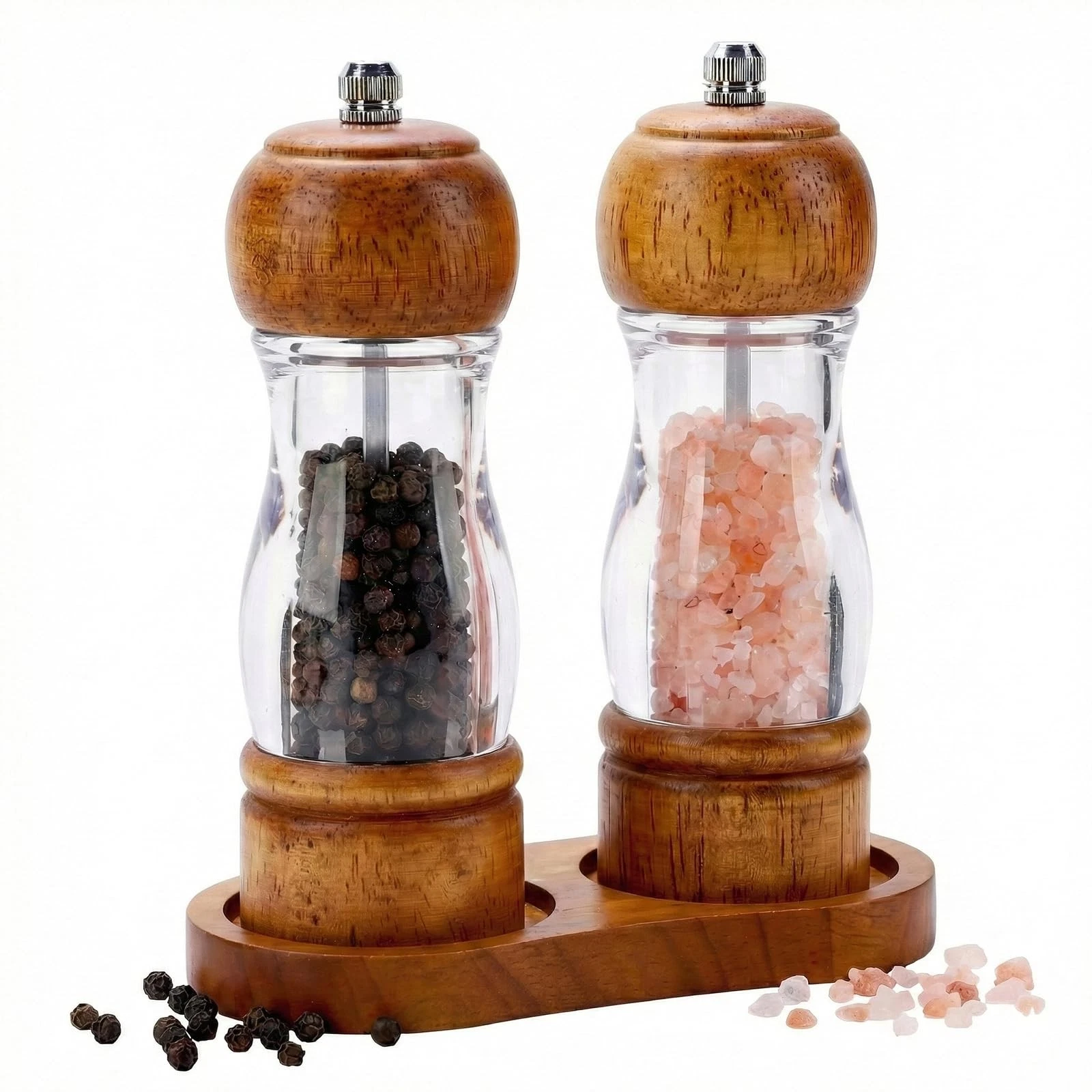 Salt and Pepper Grinder Set Wood and Acrylic - 6.3 Inch Oak Pepper Mill with ...
