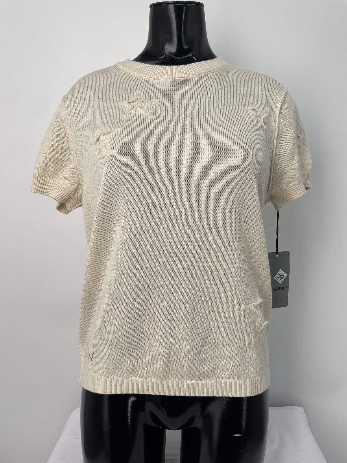 Zadig & Voltaire Womens Sweater Ecru Size M Bully Seco Stars Short Sleeve Knit