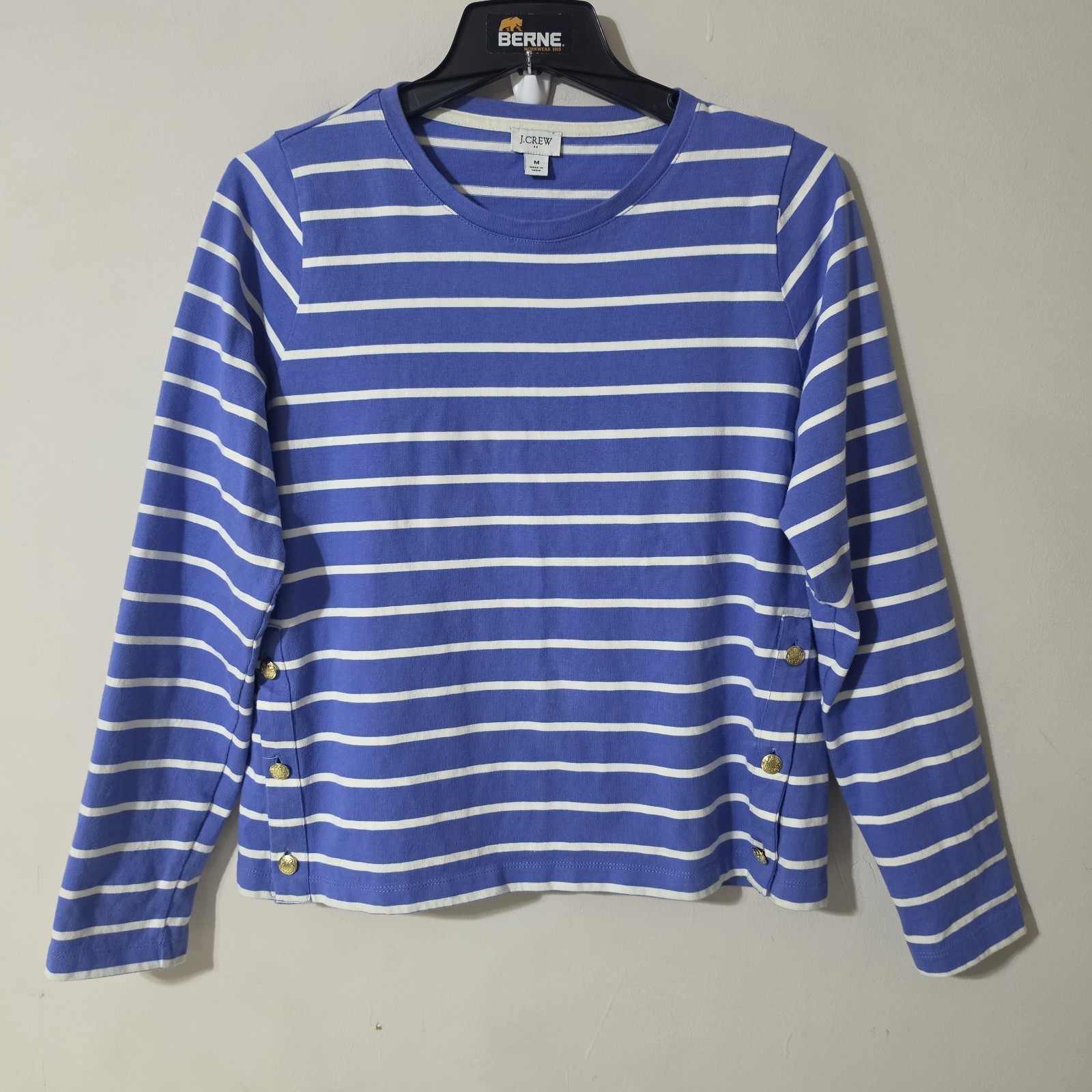 J.Crew Women's Medium Striped Long-Sleeve Crewneck Top Button Accent Cotton