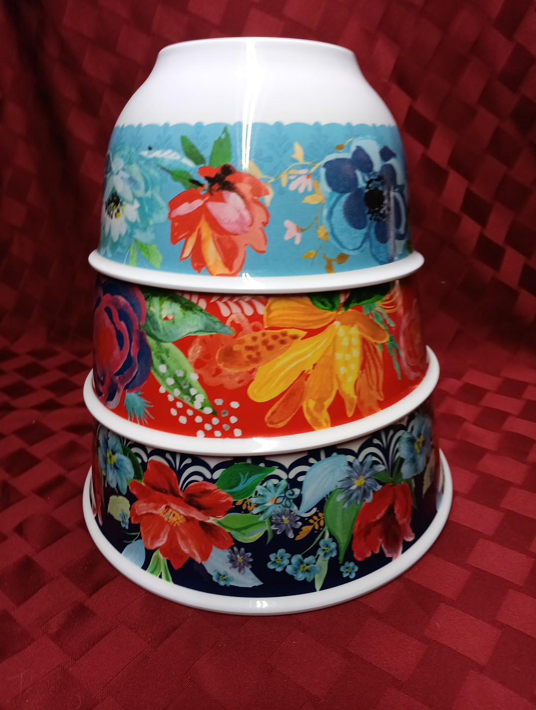 Pioneer Woman 3-Piece Stackable Melamine Mixing Bowl Set in Vibrant Multicolor Floral Design – Durable, Stylish, and Perfect for Mixing, Serving, and Storing