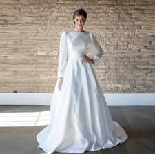 Satin A-line Wedding Dresses Full Sleeves O-neck Bridal Dress Elegant Boho