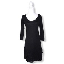 Soft Surroundings Theodora Fringe Sweater Dress Size S Black Knit Drop Hem