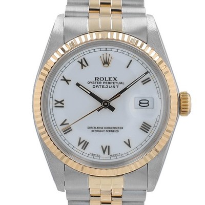 Rolex Mens Datejust 18KY Gold & Steel White Roman Dial Fluted Bezel 36mm Watch