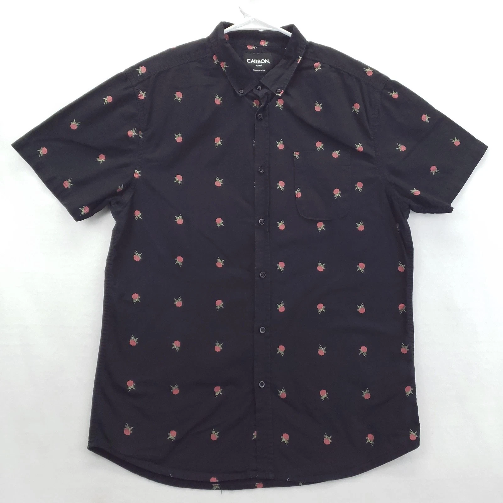 Carbon Shirt Mens Large Black Rose Floral Print Short Sleeve Button Up Cotton