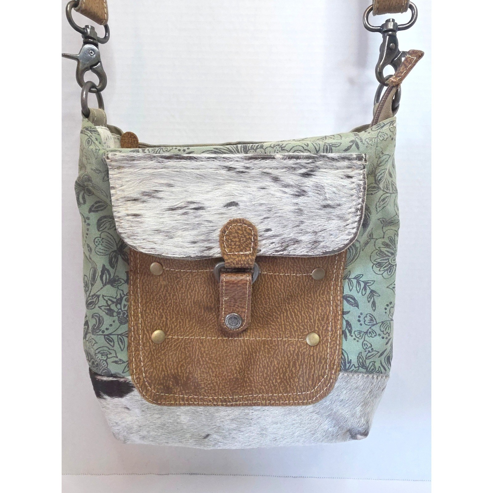 Myra Bag Eau De Nil Cowhide Floral Canvas Shoulder/Crossbody Upcycled Materials