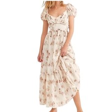 LoveShackFancy Angie Linen Floral Rose Maxi Dress Puff Sleeve Tiered Women 0