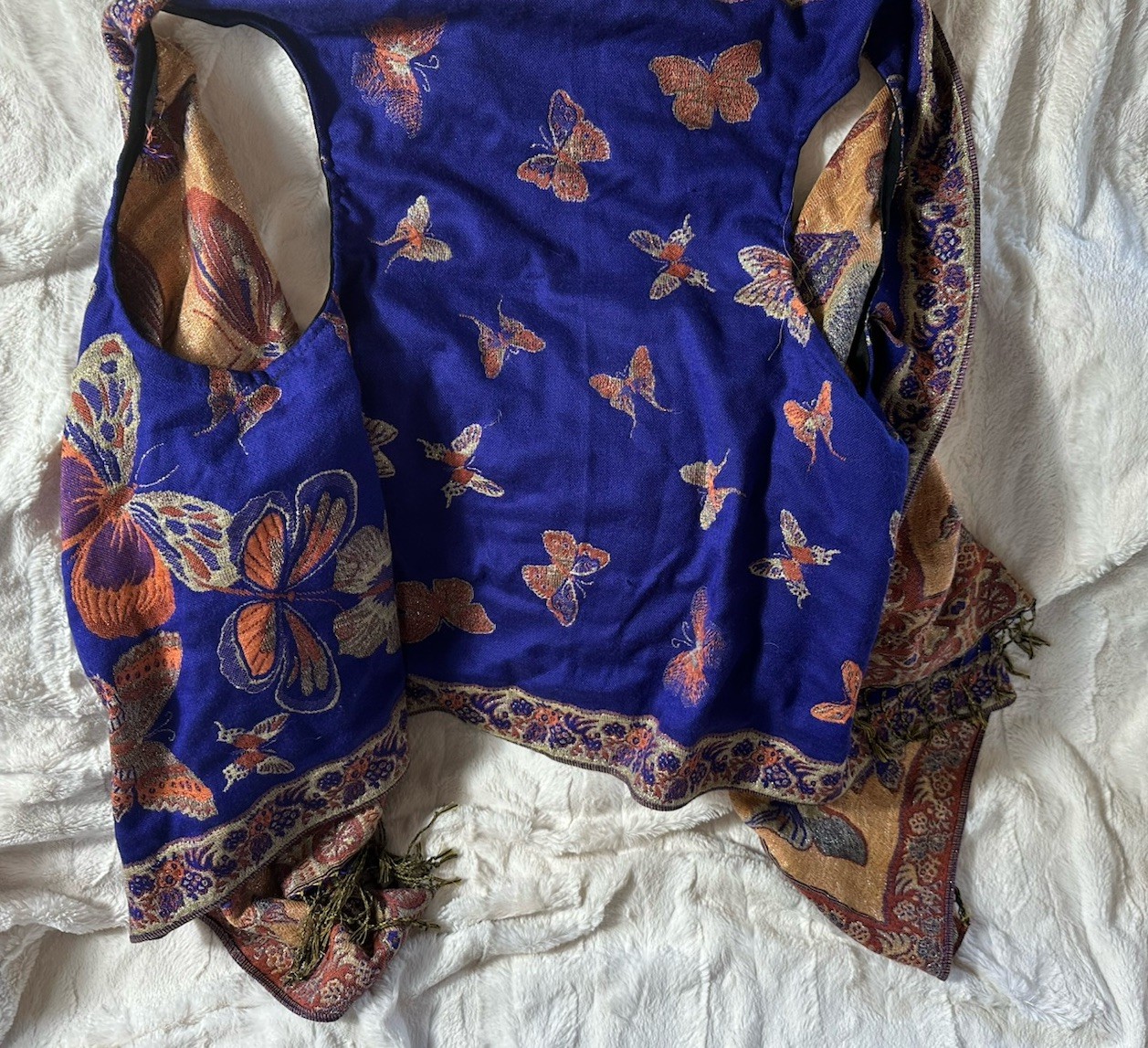 Butterfly Pattern Woven Rectangle Shawl with Frin… - image 4