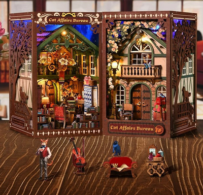 Book Nook Miniature House Cat Agency LED Wooden Bookshelf Xmas Gift