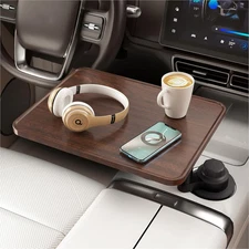 Car Desk for Laptop, Cup Holder Table with 360° Rotation - Wooden Car Laptop Mou