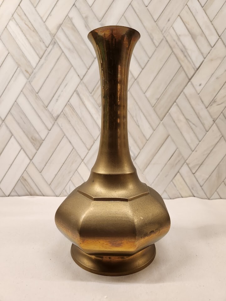 Vintage Octagonal (8 sides) Aged Brass Vase with Patina Tall Made in  India