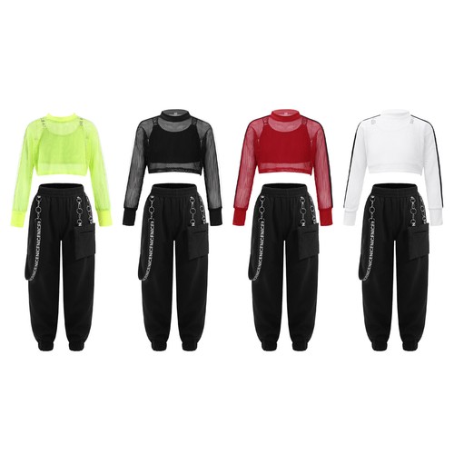 Kids Girls Hip Hop Outfits Shoulder Straps Vest Dance Outfit Metal Chain Pants - Picture 3 of 32