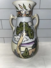 Royal Nippon Nishiki Landscape Double Handle Vase 8.5” Textured, Handpainted